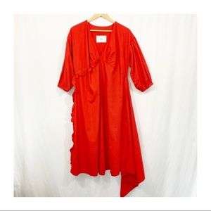 KkCO Ruffle Asymmetrical Cotton Poplin Midi Dress in Red Made in USA